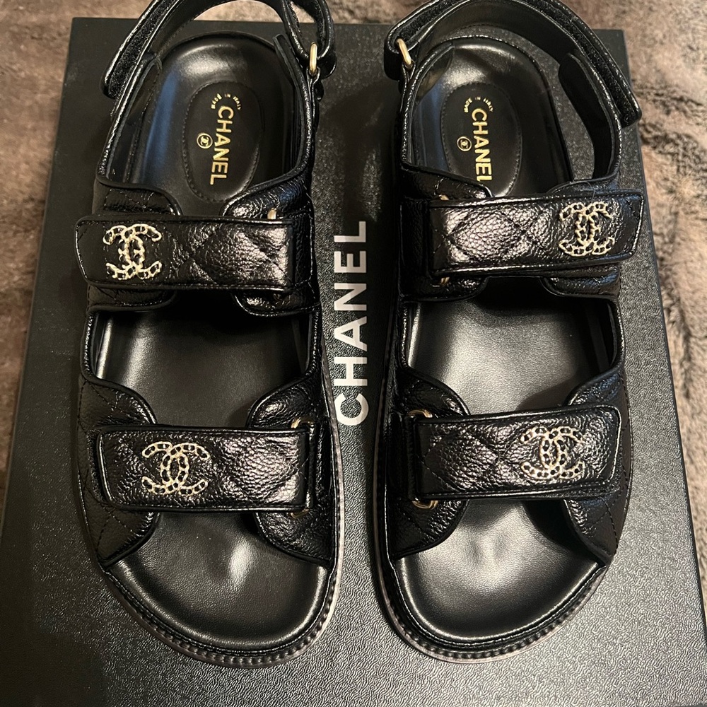 CHANEL Black Leather Sandals with champagne gold hardware